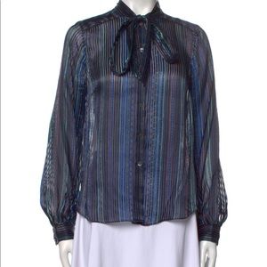 Veronica Beard Malaya Mixed Stripe Tie Neck Blouse